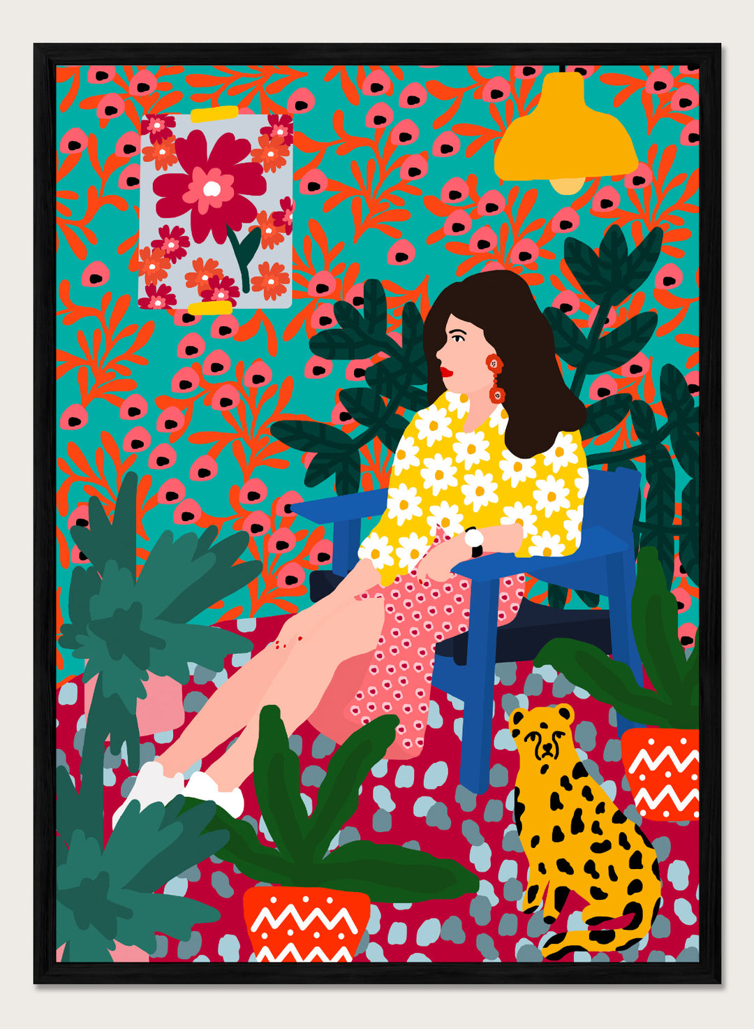 Floral Daydreaming by Rafaela Mascaro fine art print featuring bold botanical interior, modern woman portrait, and colorful contemporary wall art poster.