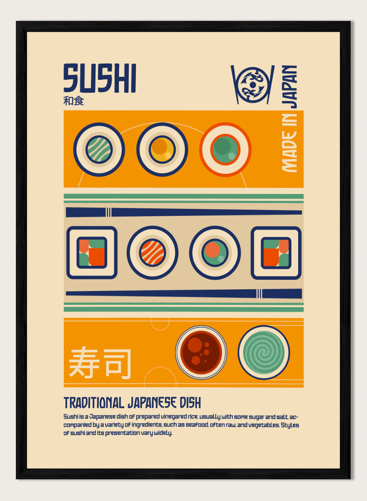 A retro-style graphic poster of Sushi, featuring Japanese-inspired geometric patterns, sushi illustrations, and descriptive text on a beige background. Sushi Japanese Food Print by Retrodrome retro kitchen art featuring sushi rolls, soy sauce, geometric shapes, and bold Japanese-inspired graphic design.