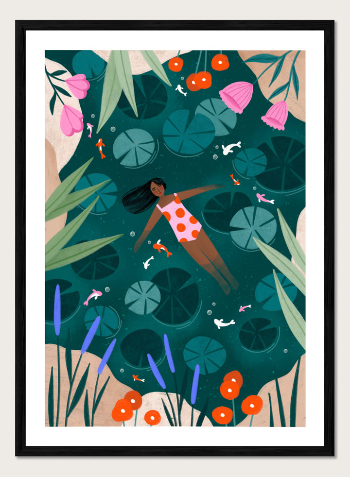 Shop Woman Floating Lily Pond by Bea Müller, a figurative wall art print poster featuring a woman floating among lily pads, flowers, and colorful fish in deep green water.