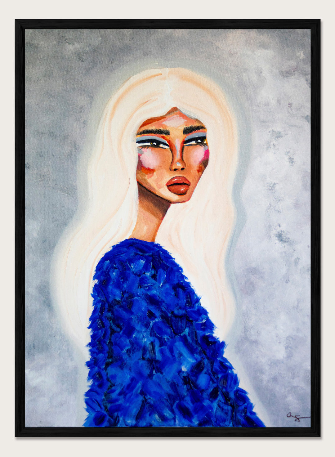 Artistic depiction of a woman with long blonde hair wearing a blue textured garment against a gray background. Elegant Blue Fashion by Amy Straley is a contemporary figurative art print featuring a feminine portrait, bold blue tones, and expressive modern artwork.