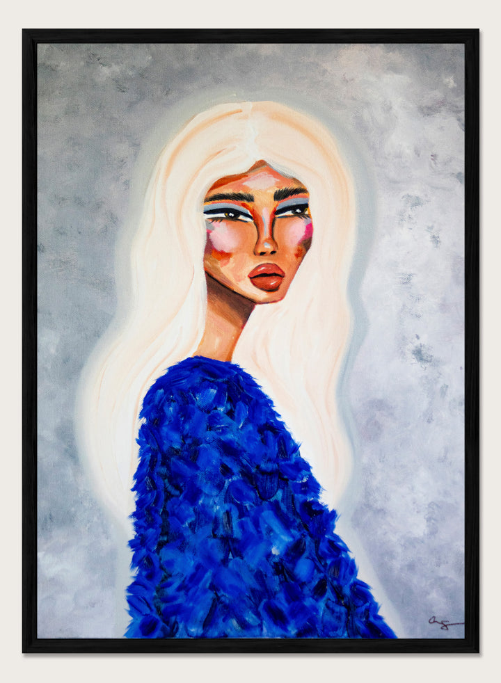 Artistic depiction of a woman with long blonde hair wearing a blue textured garment against a gray background. Elegant Blue Fashion by Amy Straley is a contemporary figurative art print featuring a feminine portrait, bold blue tones, and expressive modern artwork.