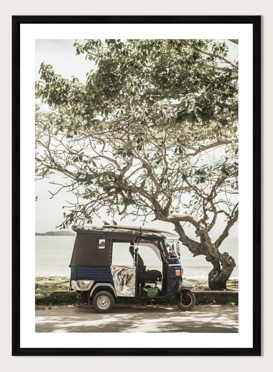 A framed photographic print featuring a small blue and white auto rickshaw parked under a large leafy tree beside a body of water. Tuk Tuk Tour by Shot by Clint travel photography print featuring a blue tuk tuk, surfboard, coastal tree, and relaxed seaside setting.