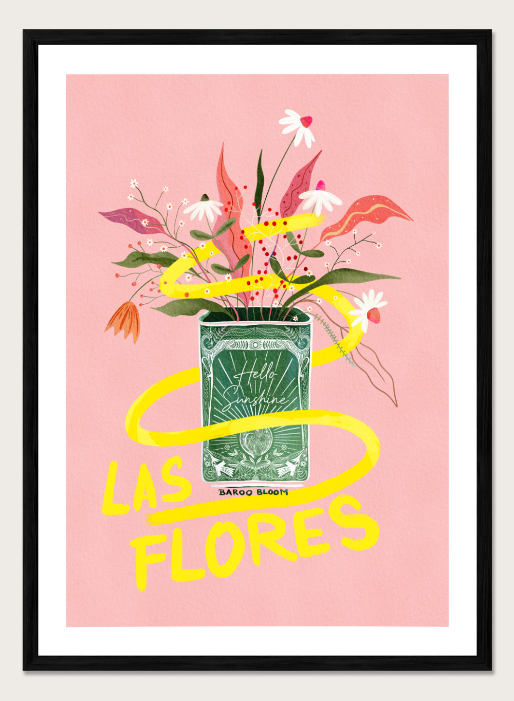 Illustration of a flower arrangement in a can with 'Las Flores' text on a pink background. Las Flores by Baroo Bloom is a colorful floral art print with playful illustration and bold lettering. Officially licensed wall poster with optional framing.
