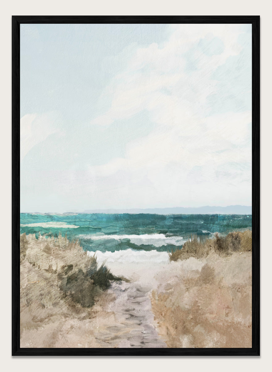 Shop Beach Path by Dan Hobday, a coastal landscape art print featuring turquoise water, sandy dunes, beach grass, soft blue sky, and textured brushwork.