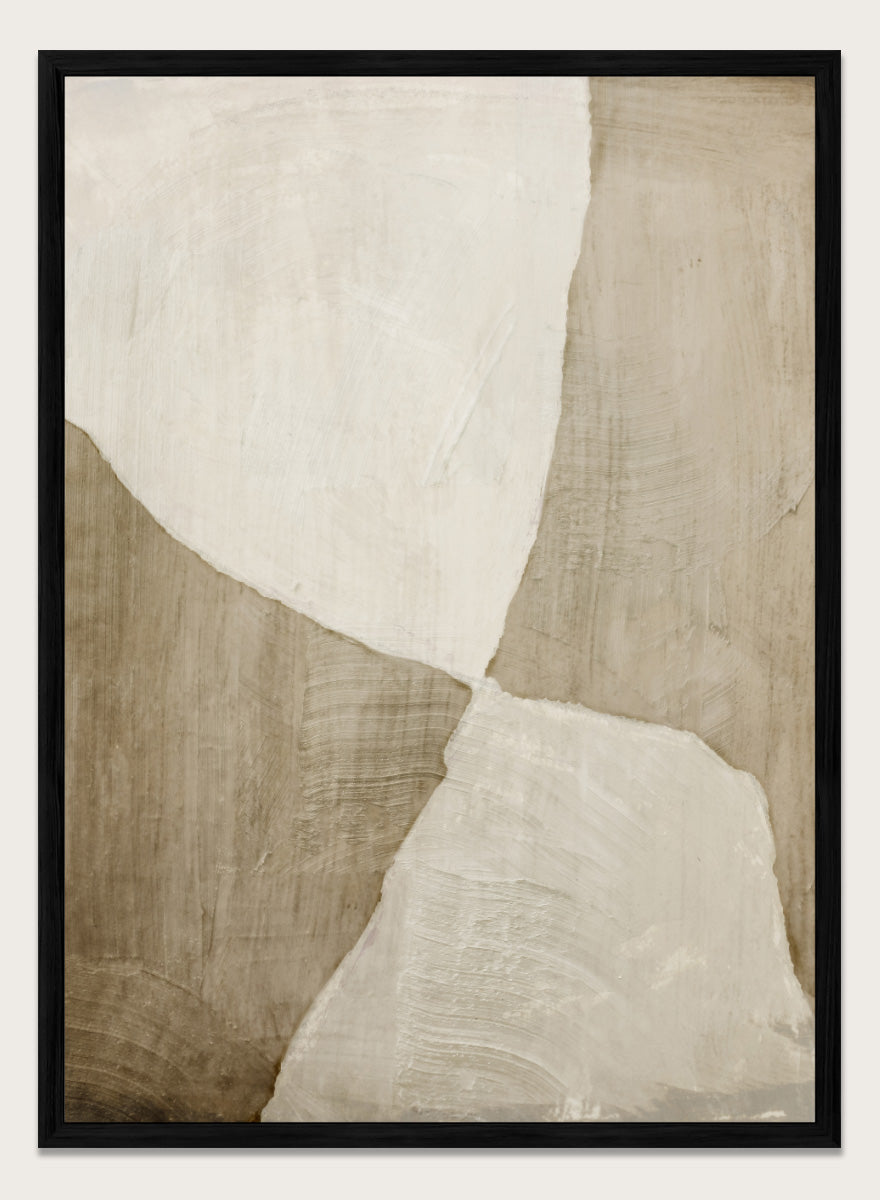 Shop Glide Abstract by Dan Hobday, a neutral abstract art print featuring soft cream and taupe forms, organic curves, and layered textured brushwork.