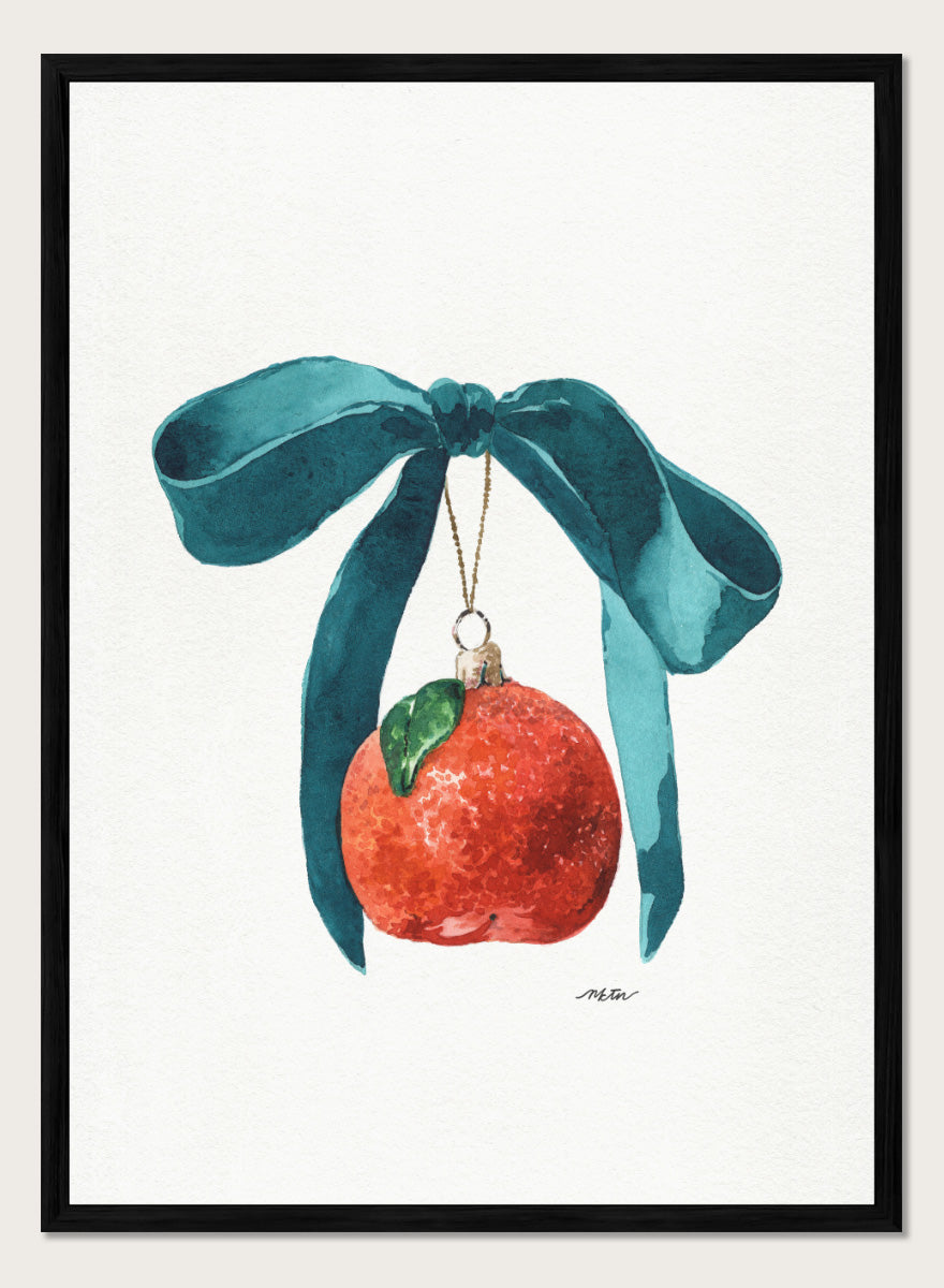 Shop Festive Tangerine Ornament by NKTN, a playful Christmas wall art print poster featuring a bright tangerine, oversized teal bow, and watercolor holiday style.