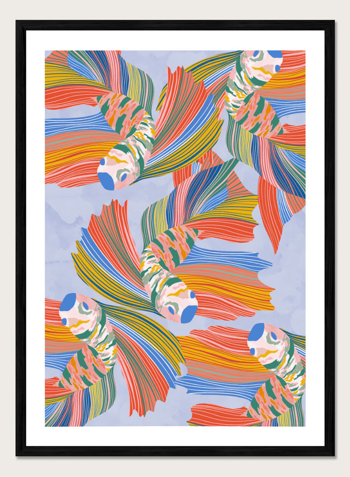 A framed art print featuring a colorful pattern of stylized fish with flowing striped fins in orange, yellow, green, blue, and red on a light blue background. Vibrant Swirling Fish Pattern by Ceyda Alasar art print featuring colorful flowing fish, striped fins, and playful aquatic movement on a soft blue background.