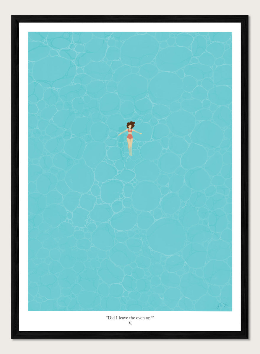 A minimalist art print featuring a small illustrated figure floating in a turquoise pool of water, with a black border and the caption &