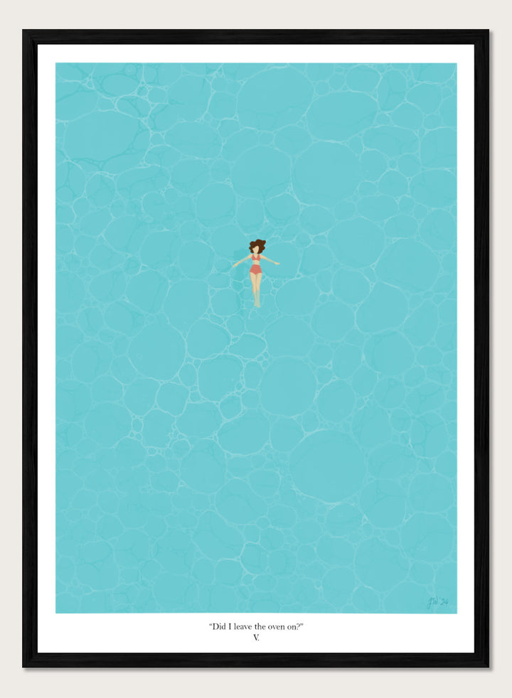 A minimalist art print featuring a small illustrated figure floating in a turquoise pool of water, with a black border and the caption &