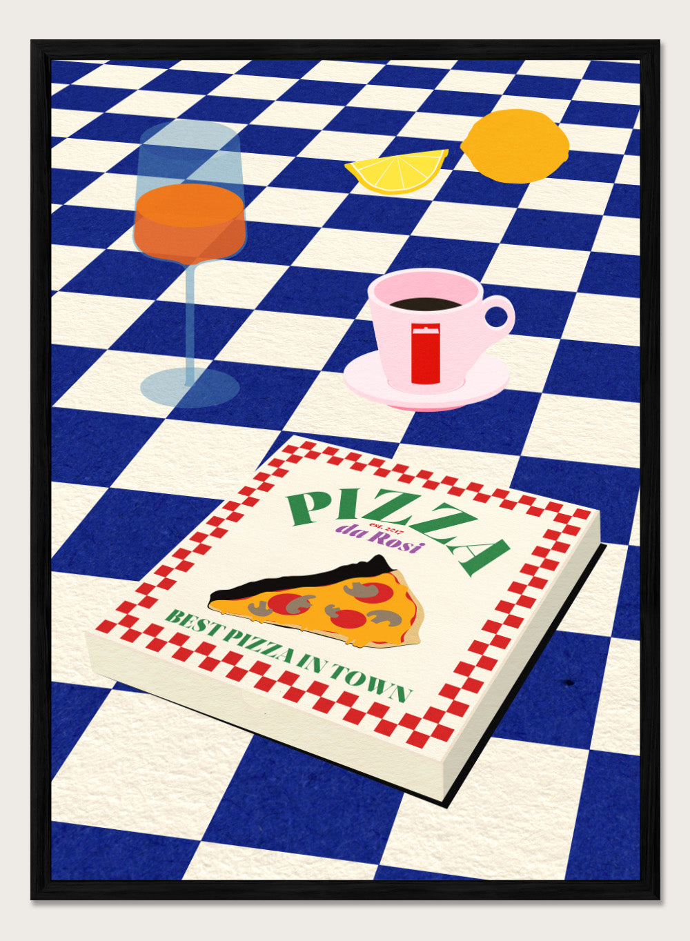 Pizza box with 'Pizza da Ross' branding on a blue and white checkered background. The Italian Menu by Rosi Feist is a modern kitchen wall art print featuring pizza and espresso in a bold minimalist food poster style.