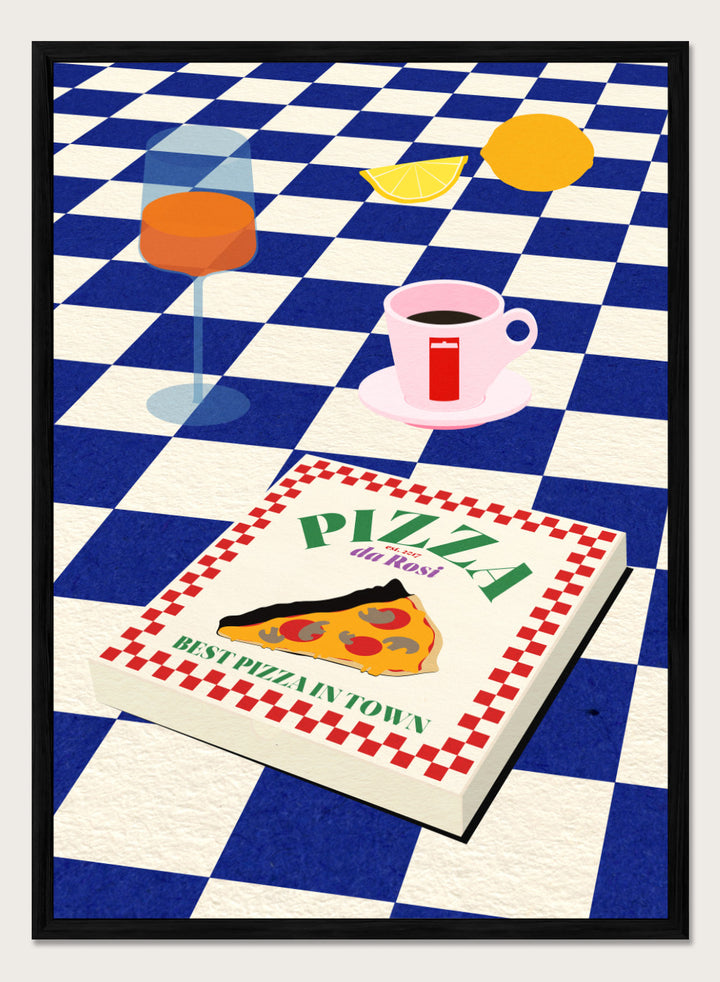 Pizza box with 'Pizza da Ross' branding on a blue and white checkered background. The Italian Menu by Rosi Feist is a modern kitchen wall art print featuring pizza and espresso in a bold minimalist food poster style.