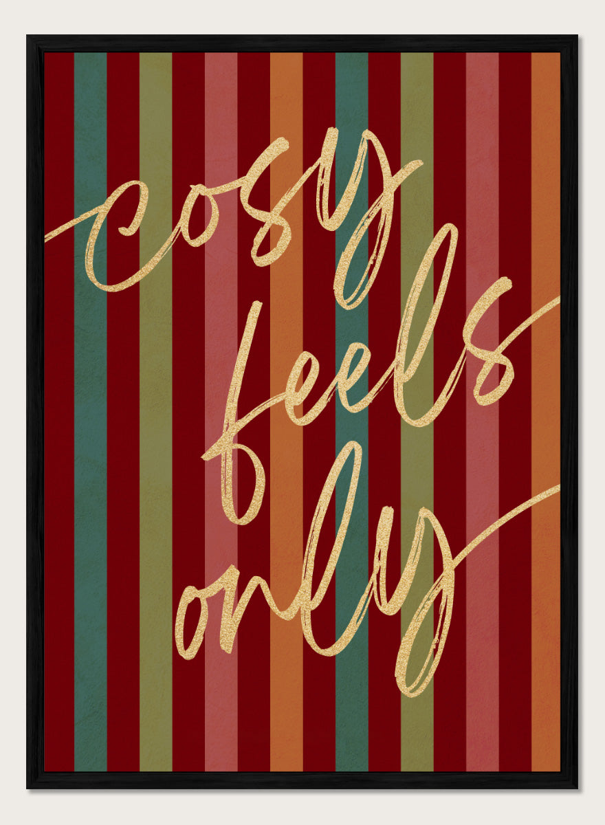 Shop Cosy Feels Christmas by Dominique Vari, a colorful holiday wall art print poster featuring retro stripes, gold lettering, and festive red and green tones.