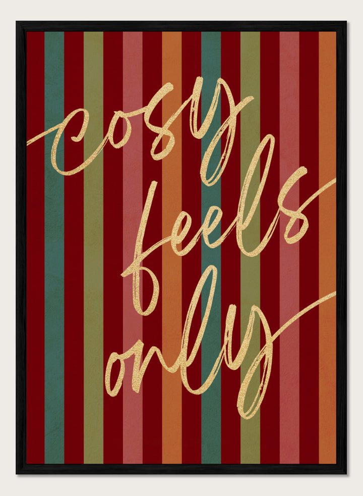 Shop Cosy Feels Christmas by Dominique Vari, a colorful holiday wall art print poster featuring retro stripes, gold lettering, and festive red and green tones.