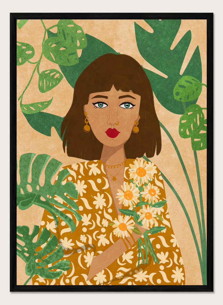 Illustration of a woman holding flowers with green leaves in the background. Plant Lady by Raissa Oltmanns fine art print featuring modern botanical woman portrait with daisies and green leaves, contemporary wall art poster.