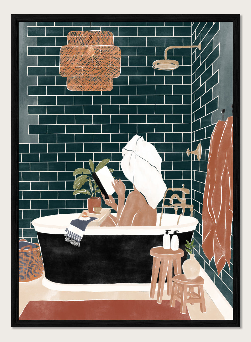 Bathroom Babe by Ivy Green is a contemporary illustration art print featuring a woman relaxing in a bathtub. Premium fine art print with real wood framing.