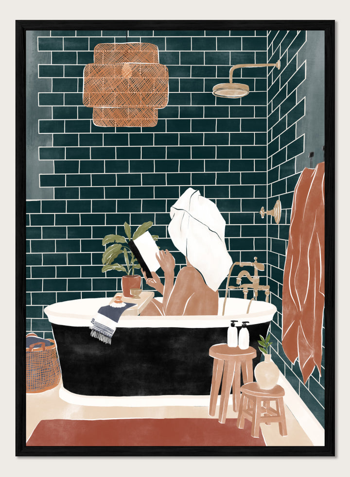 Bathroom Babe by Ivy Green is a contemporary illustration art print featuring a woman relaxing in a bathtub. Premium fine art print with real wood framing.