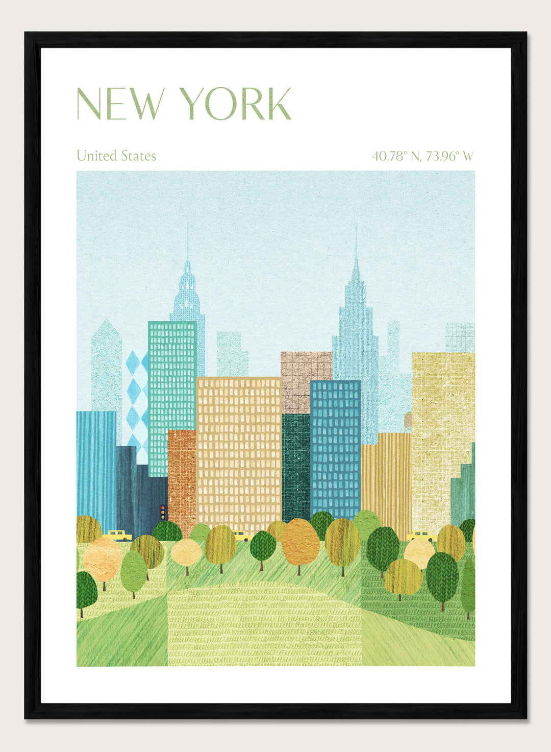 Illustration of a city skyline with trees in the foreground, labeled 'New York'. New York City Park by Longwayhome is a minimalist cityscape art print featuring the New York skyline, green park scenery, and modern travel inspired design.