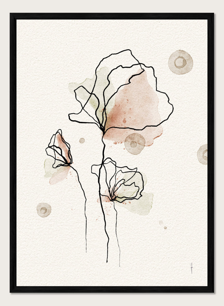 Shop Abstract Watercolor Flowers by Ankie Kooi, a floral wall art print poster with blush pink blooms, black linework, pale green washes, and soft botanical detail.