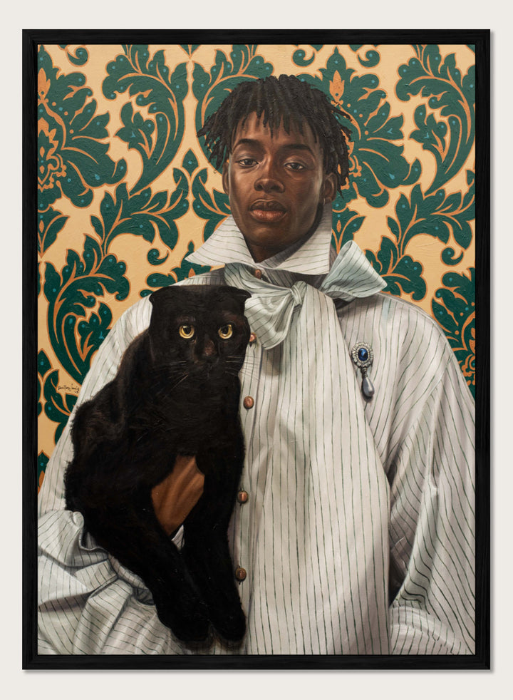A portrait-style artwork showing a person in a pale striped shirt with a bow tie holding a black cat, set against ornate green damask wallpaper. Shop Elegant Portrait Black Cat by Damilare Jamiu, a contemporary figurative wall art print featuring a stylish portrait, black cat, and rich teal and gold pattern.