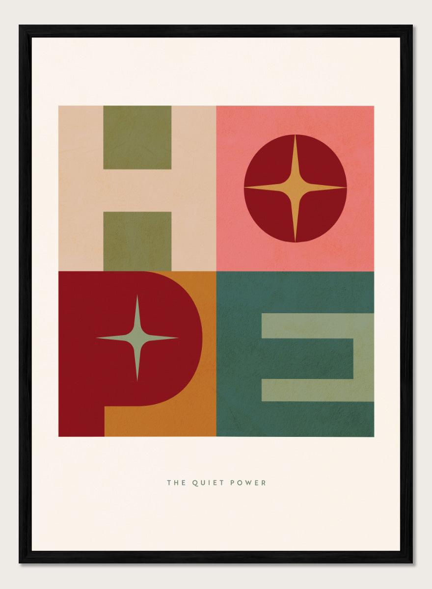 Shop Hope Retro Typography by Dominique Vari, a retro typography wall art print poster featuring bold geometric letters, star shapes, and warm vintage-inspired color.