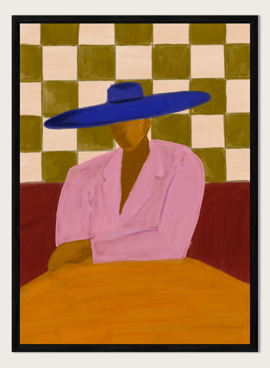 A stylized painting of a seated figure wearing a wide blue hat and pink top, with a red couch and a beige-and-olive checkered wall behind them. Blue Hat Chic by The Art Concept portrait art print featuring a cobalt blue hat, pink jacket, checkerboard backdrop, and bold modern color.