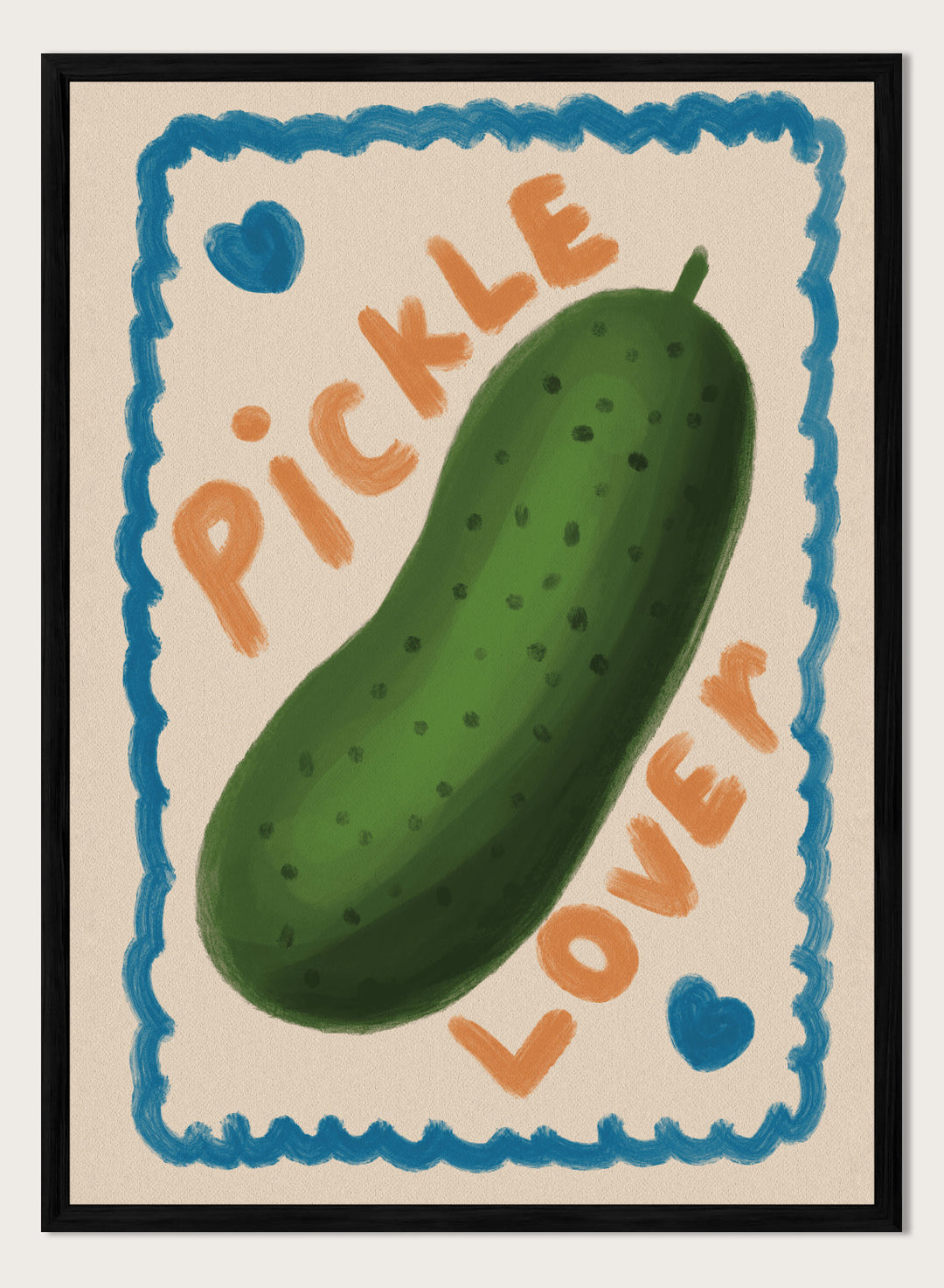 An art print featuring a hand-drawn green pickle centered on a cream background, surrounded by a blue scalloped border. The words &