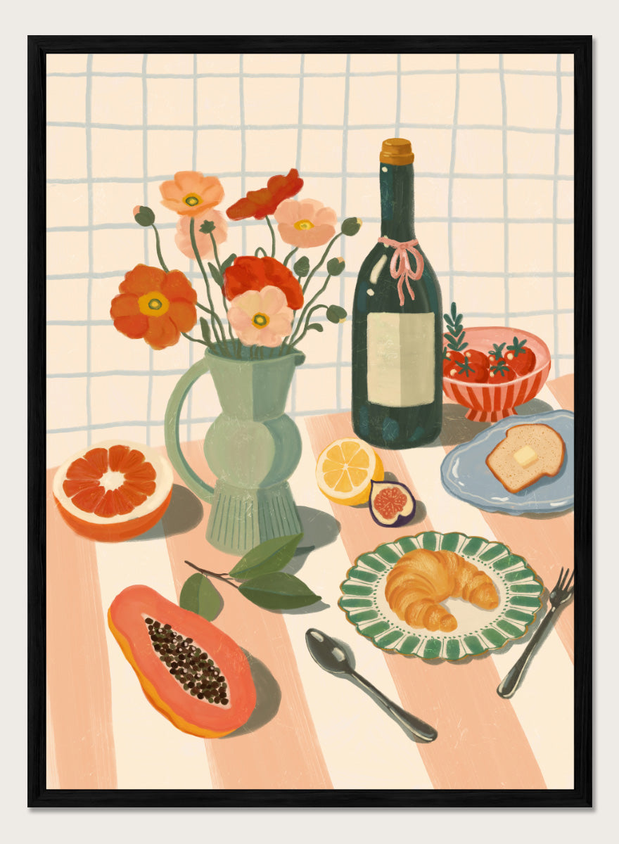 A stylized still life illustration showing a bottle, flowers in a pitcher, fruit, bread, and tableware on a striped surface against a grid background. Colorful Breakfast Still Life by Katarzyna Gąsiorowska art print featuring fruit, flowers, a croissant, and colorful kitchen tableware in soft modern tones.
