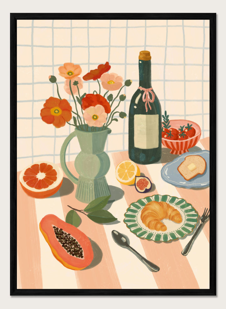 A stylized still life illustration showing a bottle, flowers in a pitcher, fruit, bread, and tableware on a striped surface against a grid background. Colorful Breakfast Still Life by Katarzyna Gąsiorowska art print featuring fruit, flowers, a croissant, and colorful kitchen tableware in soft modern tones.