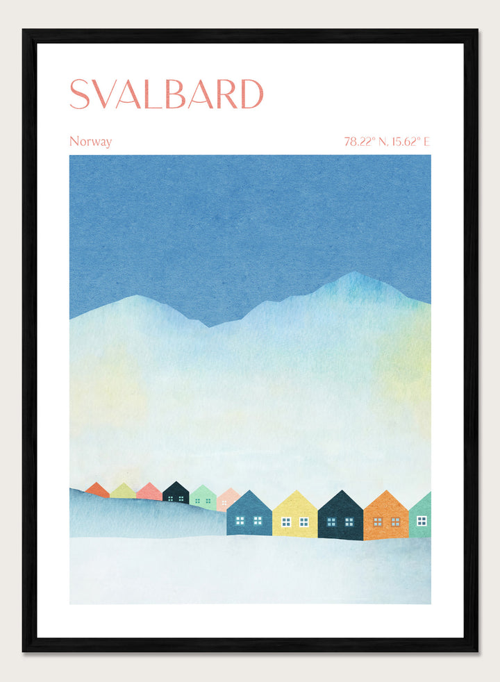 Poster of Svalbard with colorful houses and mountain landscape. Colorful Svalbard Winter Village by Longwayhome is a minimalist Scandinavian landscape art print featuring pastel houses, snowy mountains, and modern Nordic design.