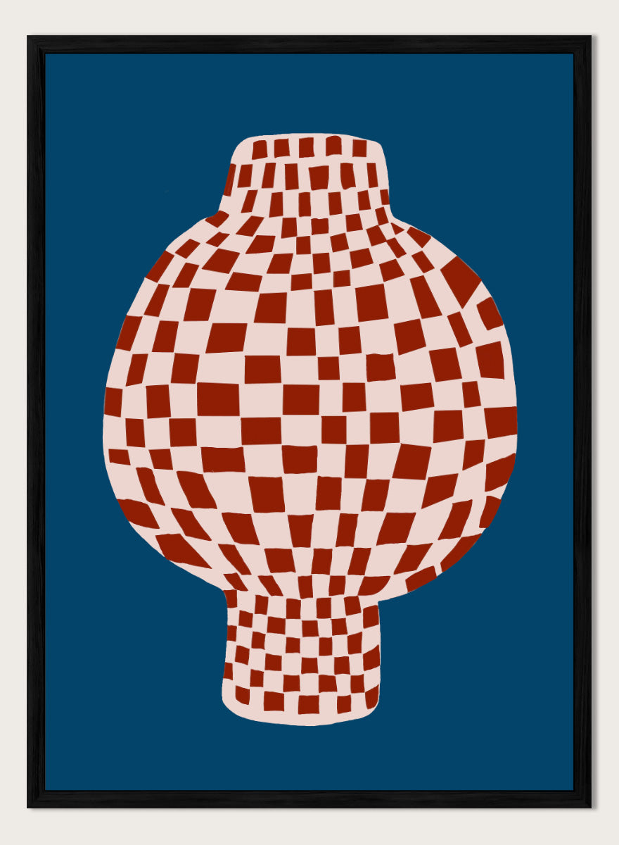 A stylized graphic illustration of a vase with a red and cream checkerboard pattern, set against a dark blue background. Optical Checkered Vase by The Art Concept is a modern still life art print featuring a red checkered vase on a deep blue background in a bold graphic style.