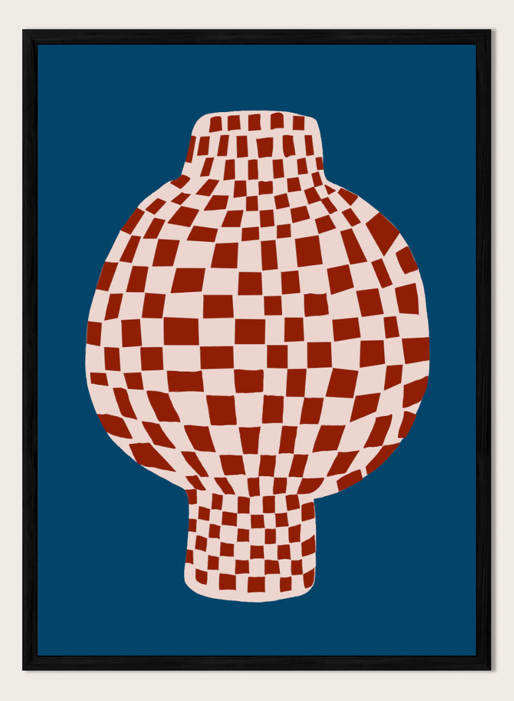 A stylized graphic illustration of a vase with a red and cream checkerboard pattern, set against a dark blue background. Optical Checkered Vase by The Art Concept is a modern still life art print featuring a red checkered vase on a deep blue background in a bold graphic style.