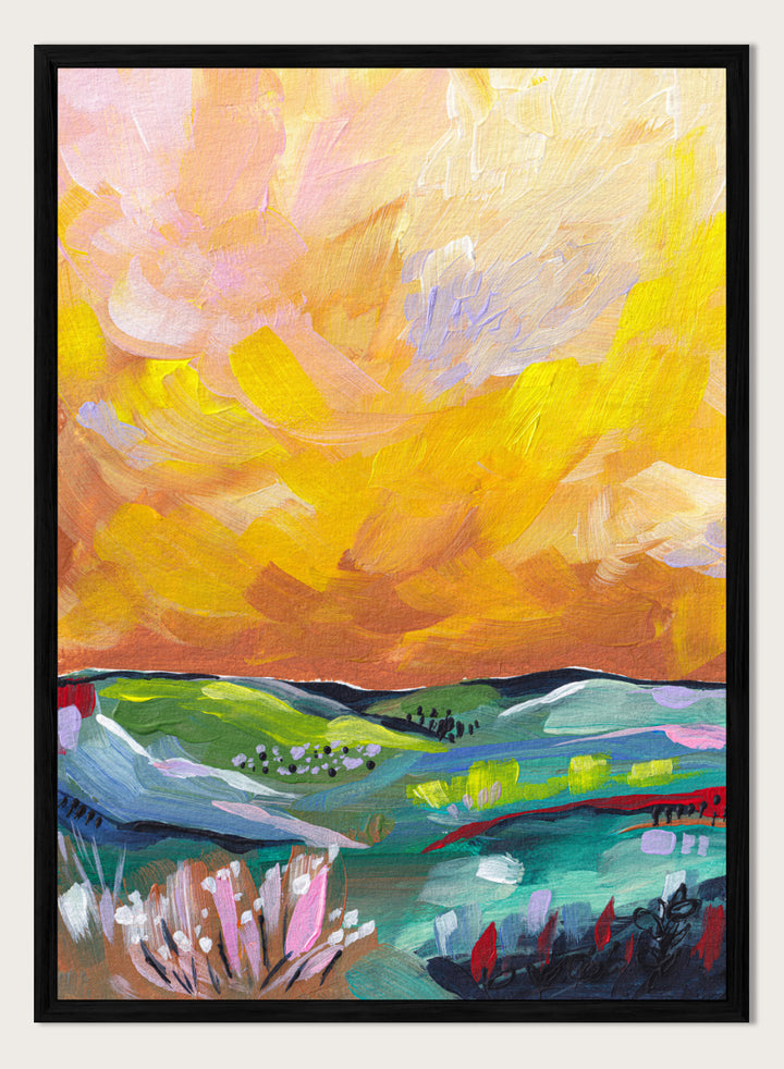 An abstract landscape painting featuring a dramatic yellow and orange sky over green and blue rolling hills, with textured brushstrokes. Shop Vibrant Sunset Landscape by Dirkie Nell, a colorful landscape art print featuring rolling green hills, wildflowers, and a warm golden sunset sky.