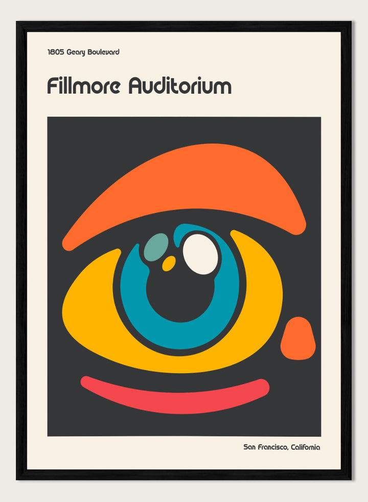 A poster-style graphic for the Fillmore Auditorium in San Francisco, California, featuring an abstract eye illustration in orange, yellow, blue, red, and white on a dark gray square, with cream margins and black text reading &