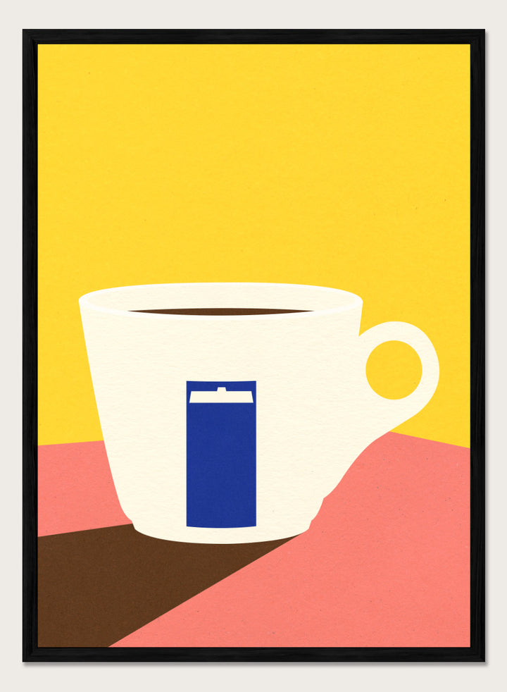 White coffee cup with a blue book design on a yellow and pink background. Tazza by Rosi Feist is a minimalist modern art print of a coffee cup in bold Bauhaus-inspired color blocks. Officially licensed fine art poster with framing.