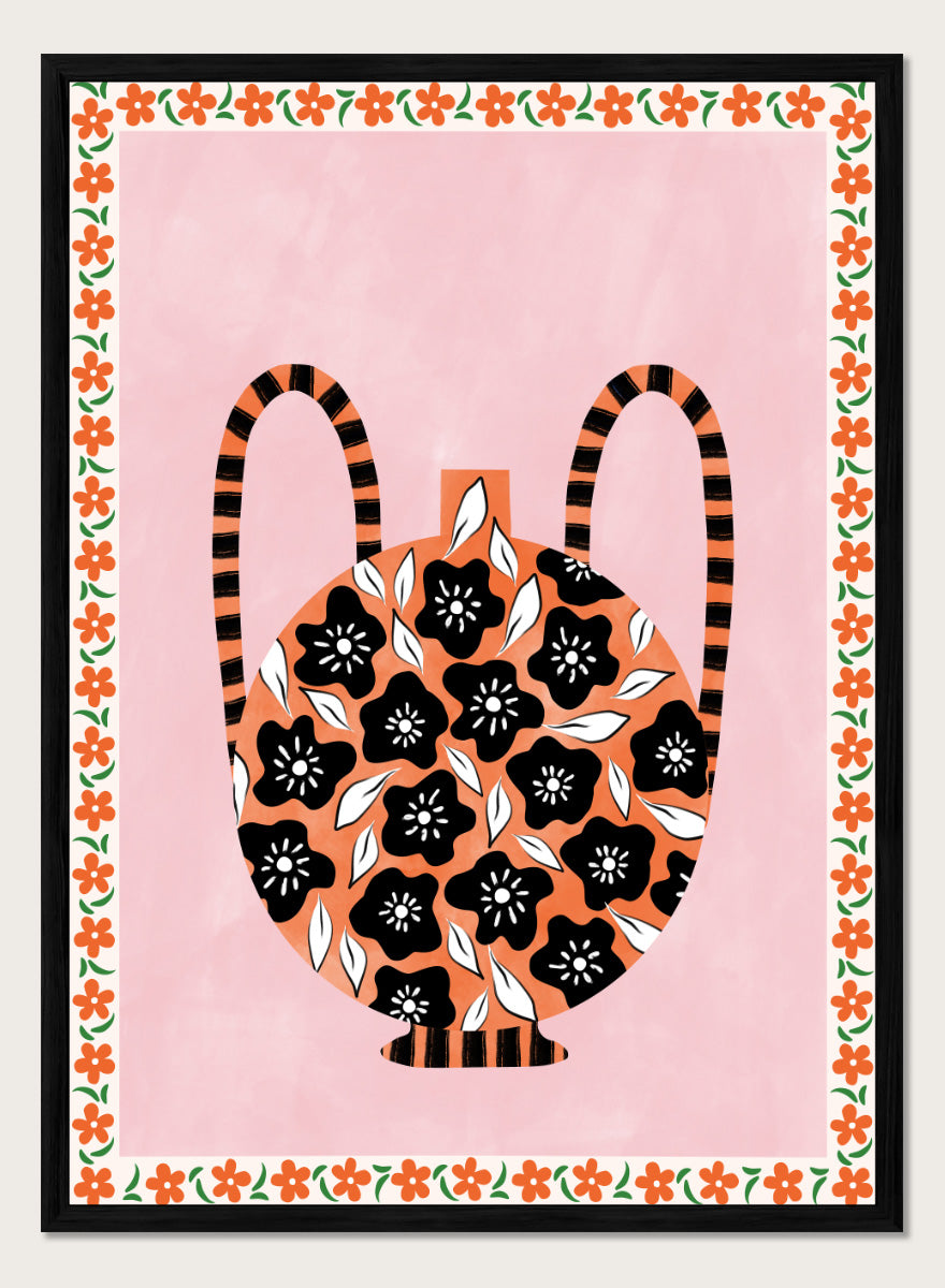 Shop Orange Floral Vase by Elena Ristova, a colorful floral wall art print poster featuring black flowers, striped handles, pink, orange, green, and folk-inspired details.