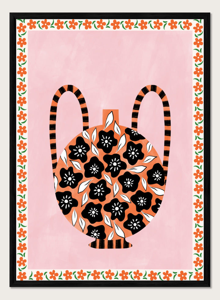 Shop Orange Floral Vase by Elena Ristova, a colorful floral wall art print poster featuring black flowers, striped handles, pink, orange, green, and folk-inspired details.