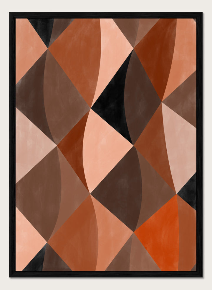 Shop Earthy Geometric Abstraction by Elena Ristova, a modern abstract wall art print poster featuring curved geometric shapes in rust, brown, pink, cream, and black.