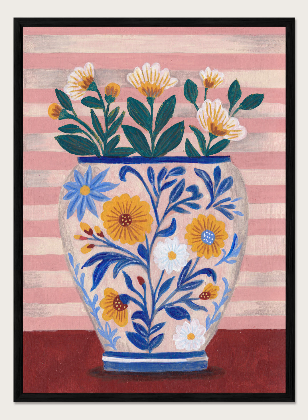 Decorative vase with floral design on a striped background. Potted Florals Pastels & Stripes by Caroline Bonne Müller is a fine art print and wall poster featuring a floral vase with pastel stripes background.