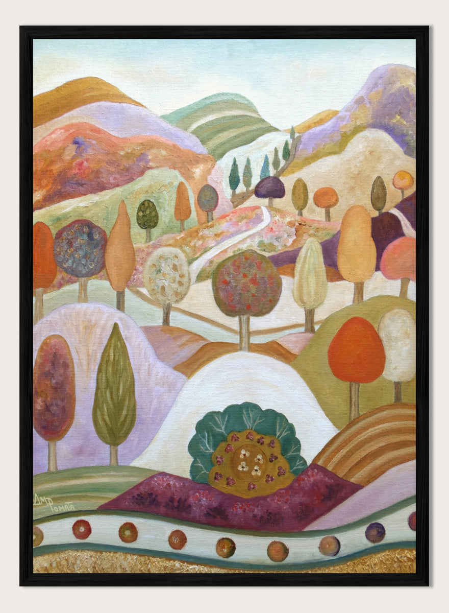 A colorful landscape painting featuring stylized hills, rolling hills, and trees in pastel and earthy tones. Shop Whimsical Autumn Landscape by Angeles M. Pomata, a colorful fall landscape art print featuring rolling hills, winding paths, and stylized autumn trees.