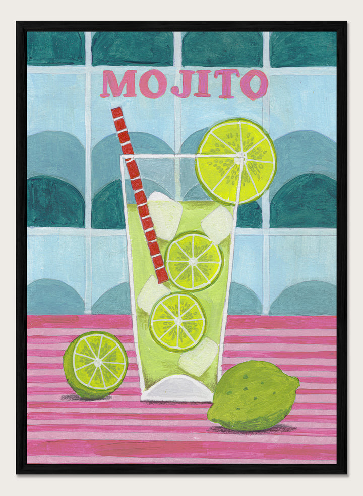 Illustration of a mojito cocktail with lime slices and a red straw on a tiled background. Glass of Mojito by Caroline Bonne Müller is a fine art print and wall poster featuring a lime mojito, citrus slices, and bold tiled background.