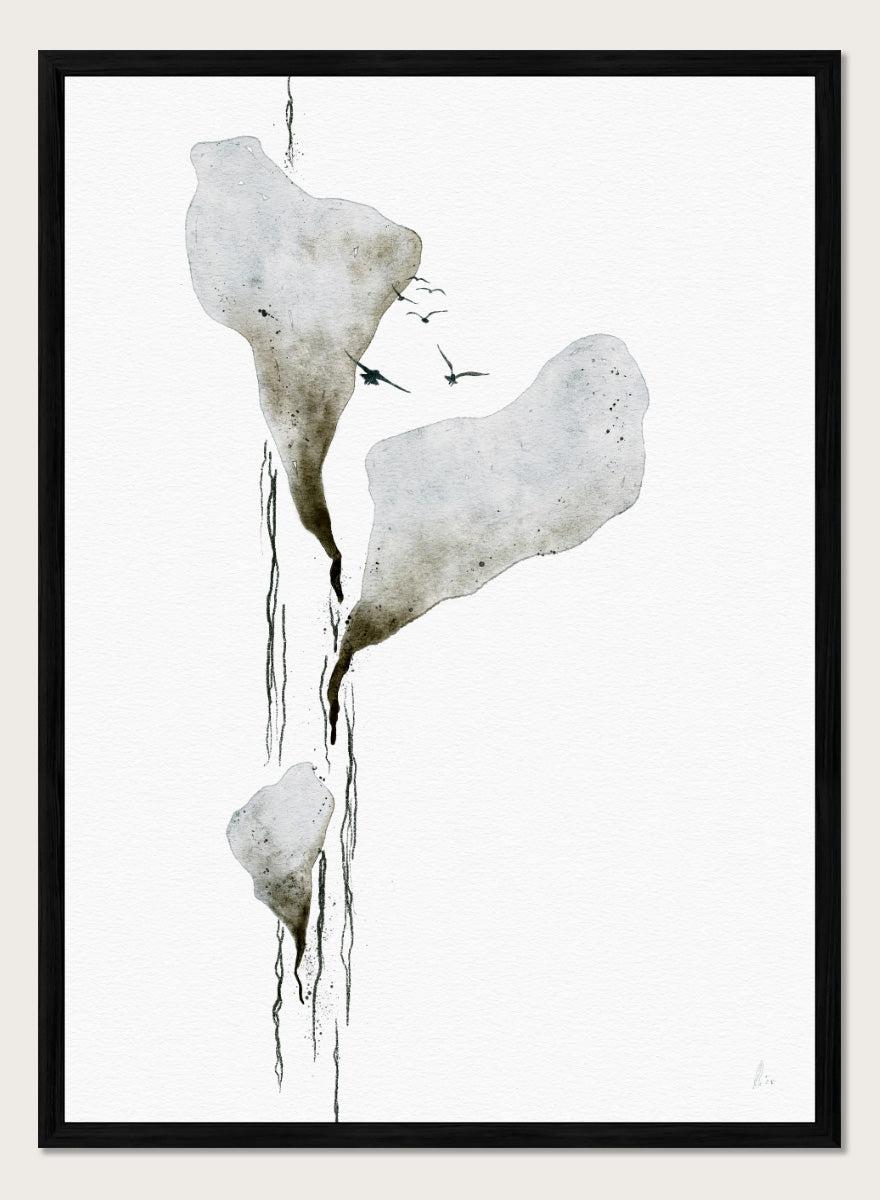 Abstract watercolor art print featuring three irregular, dripping white and gray forms on a white background, with small dark birds near the top. Shop Melting Ice And Birds by Ankie Kooi, a nature wall art print poster with abstract watercolor ice, flying birds, minimalist landscape art, blue, gray, and cream.