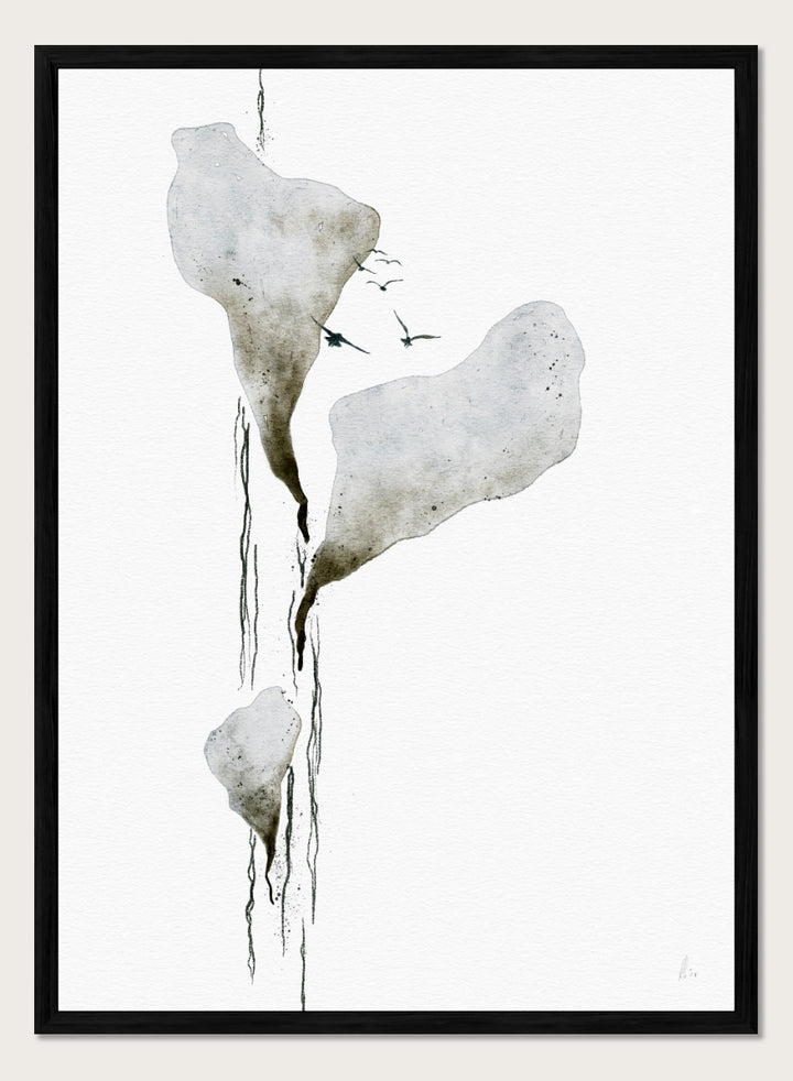 Abstract watercolor art print featuring three irregular, dripping white and gray forms on a white background, with small dark birds near the top. Shop Melting Ice And Birds by Ankie Kooi, a nature wall art print poster with abstract watercolor ice, flying birds, minimalist landscape art, blue, gray, and cream.