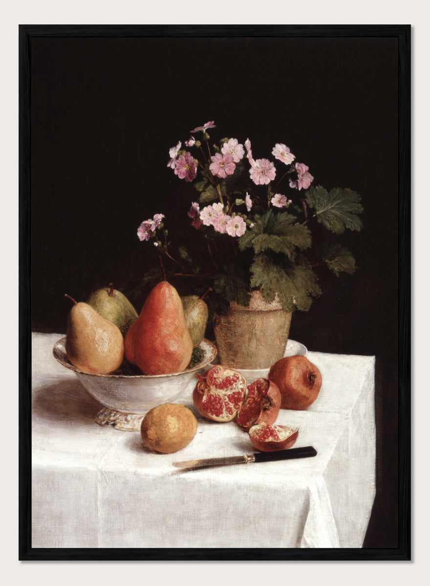 Shop Still Life with Primroses, Pears and Pomegranates by Henri Fantin-Latour, a vintage still life wall art print poster with warm brown tones.