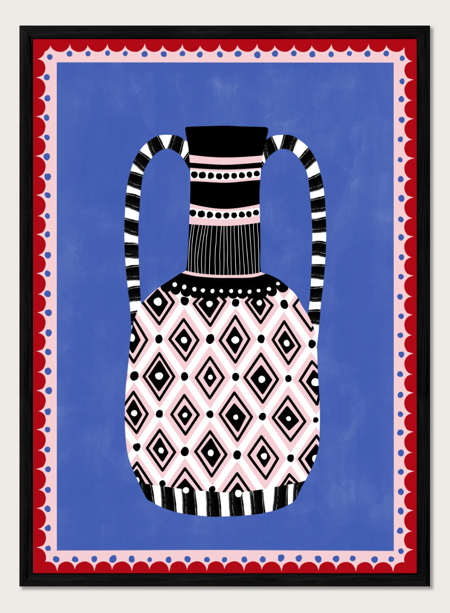 Shop Patterned Tribal Vase by Elena Ristova, a colorful wall art print poster featuring bold diamonds, stripes, pink, blue, black, and red details.