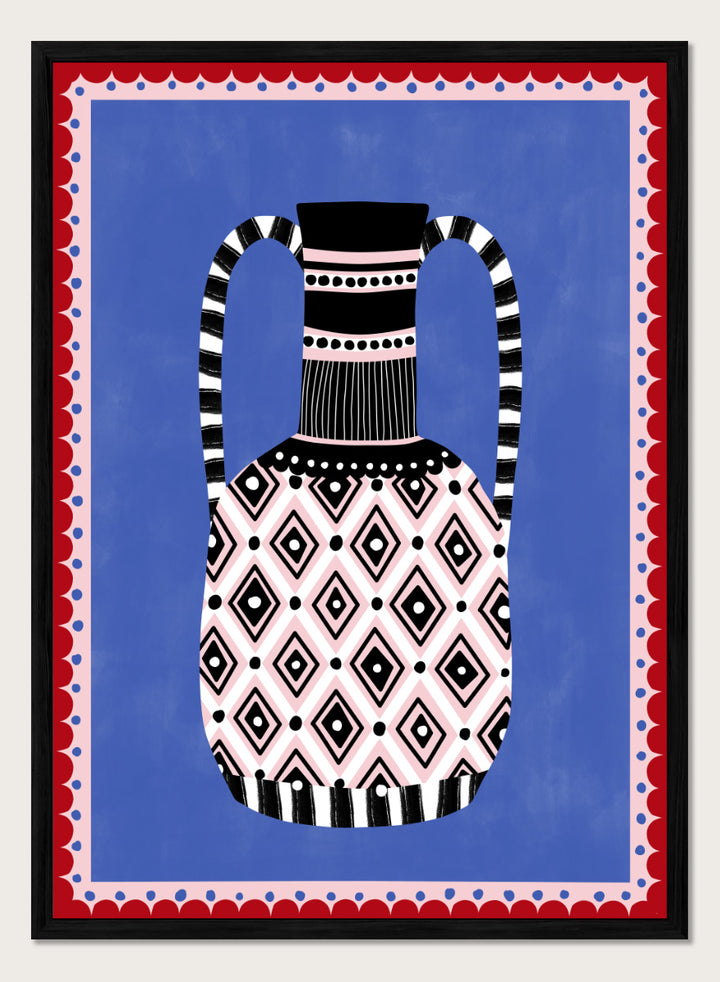 Shop Patterned Tribal Vase by Elena Ristova, a colorful wall art print poster featuring bold diamonds, stripes, pink, blue, black, and red details.