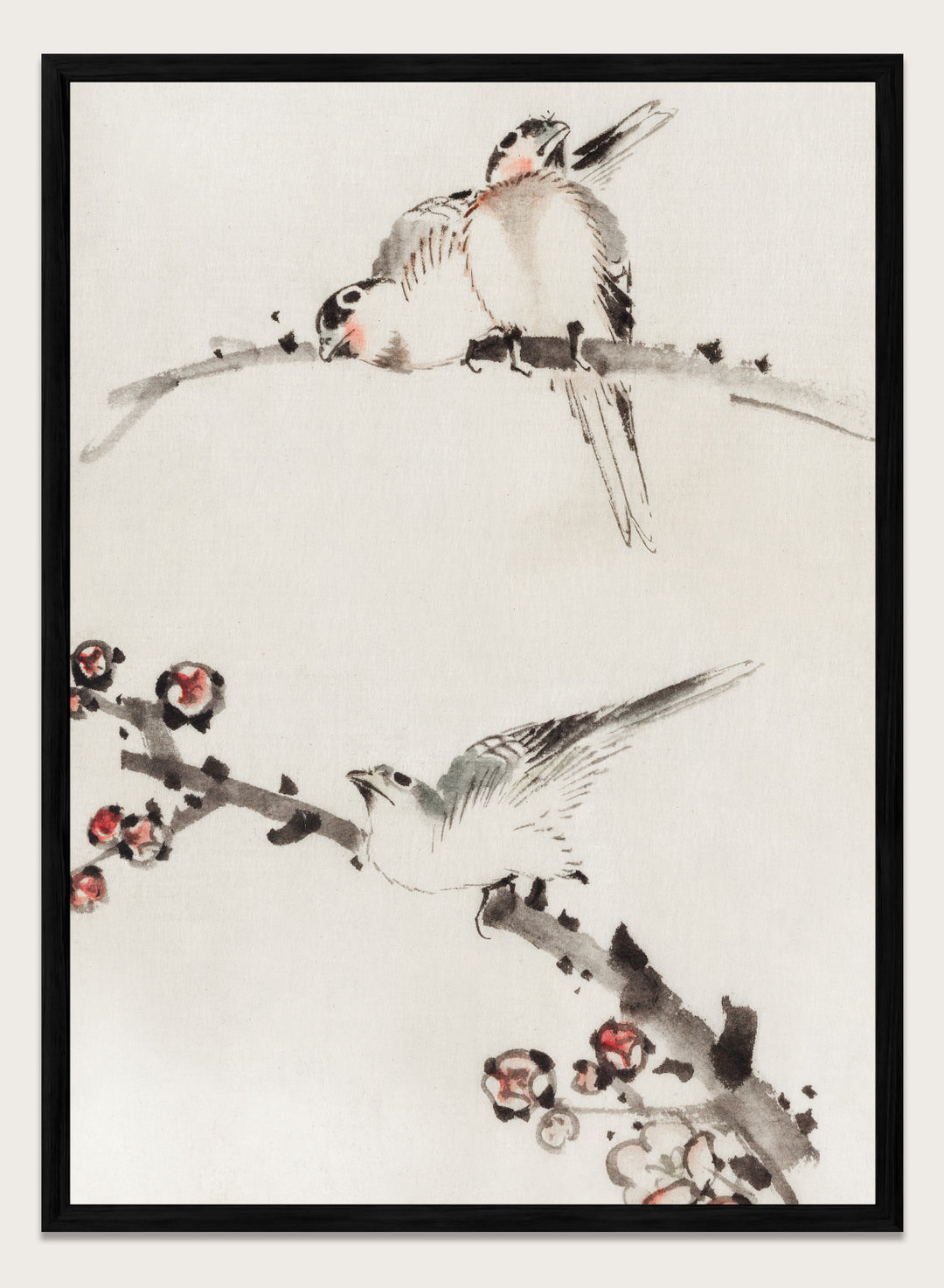 Katsushika Hokusai Three Birds Perched on Branches, One with Blossoms Art Print