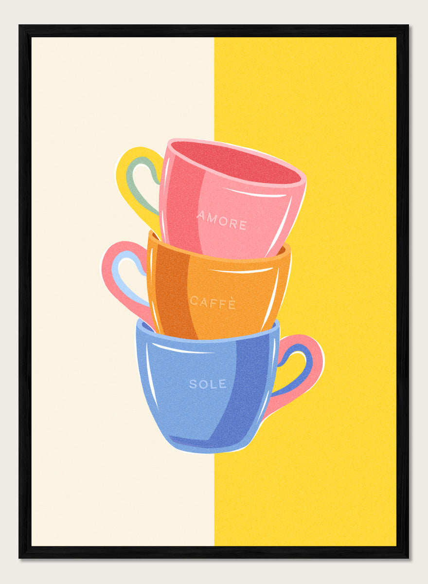 Shop Amore Caffè Sole Cups by Dominique Vari, a colorful kitchen wall art print poster featuring stacked coffee cups, Italian words, and retro café style.