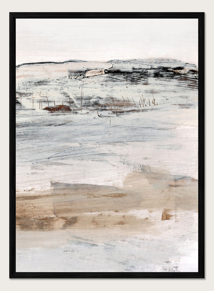 Shop August No. 02 by Dan Hobday, an abstract landscape art print with soft neutral tones, loose brushwork, distant landforms, and warm earthy texture.