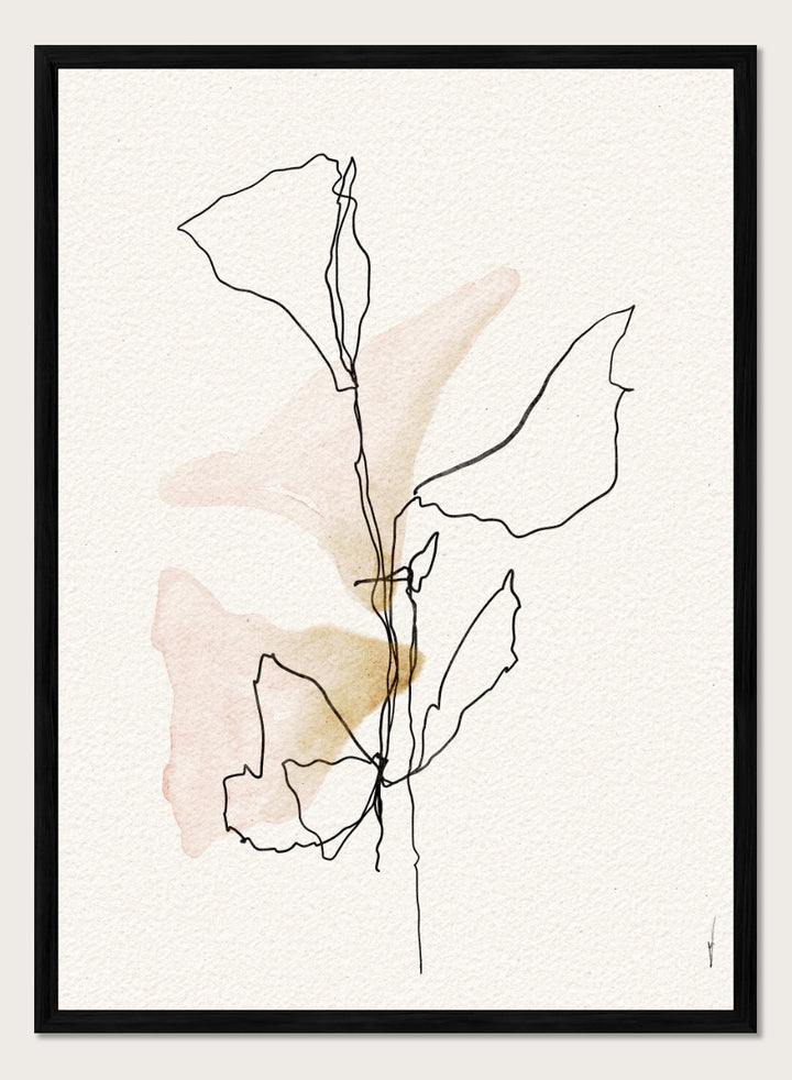 Shop Soft Blush Botanicals by Ankie Kooi, a modern botanical wall art print poster with minimalist line art, abstract leaves, blush pink, and soft ochre tones.