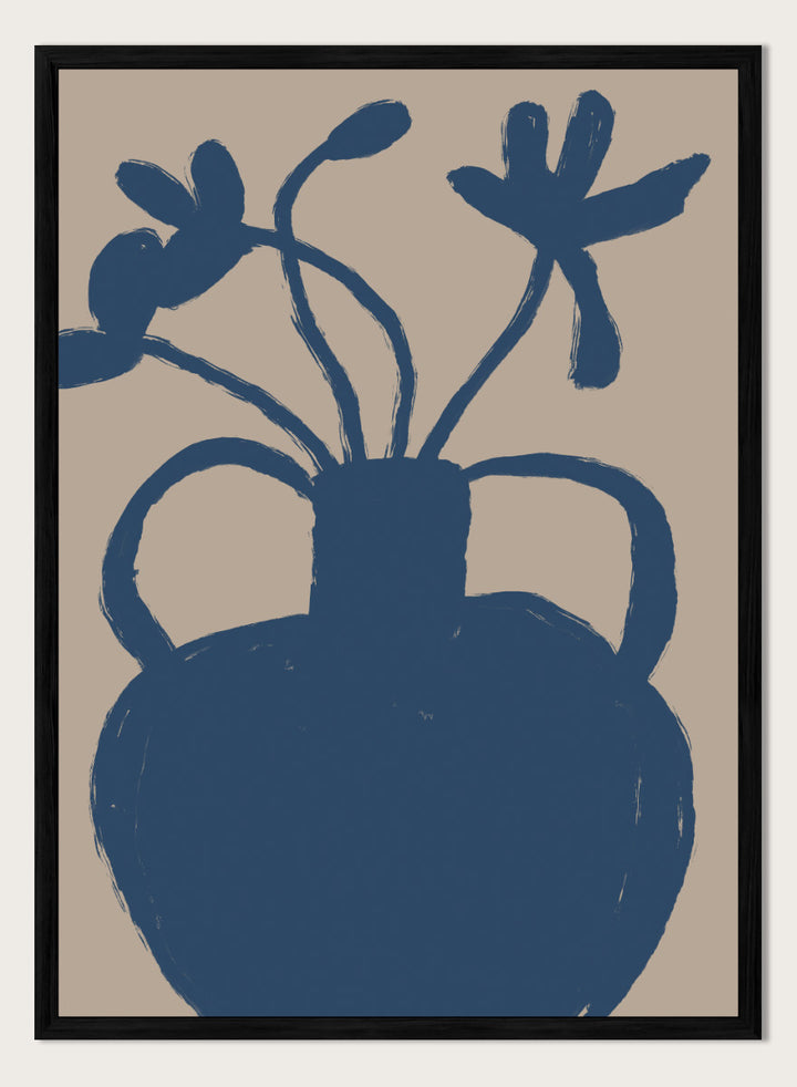 A minimalist art print featuring a dark blue silhouette of a vase with two handles and abstract flower stems, set against a warm beige background. Minimalist Blue Blooms by The Art Concept is a modern floral art print featuring a deep blue vase, loose flowers, and a warm beige background.